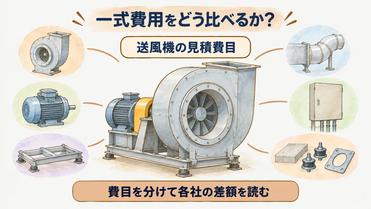 送風機の見積費目を機器、据付、接続、試運転に分けて示す図