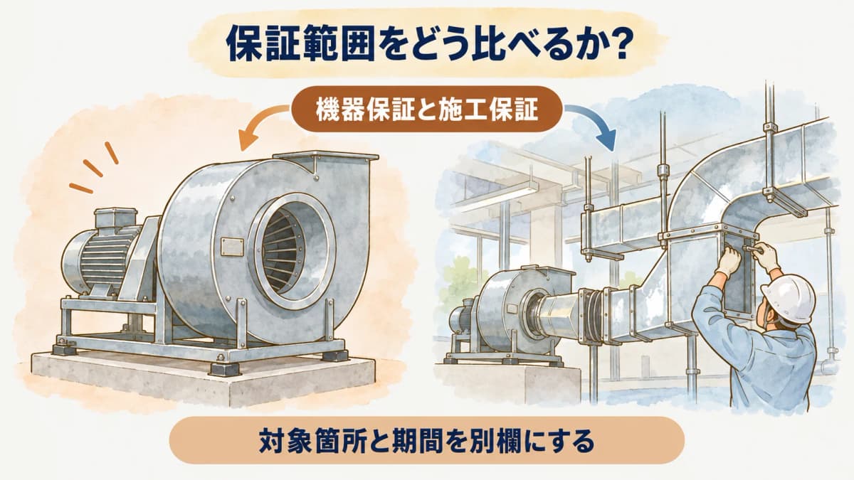 機器保証と施工保証の範囲を分けた比較図
