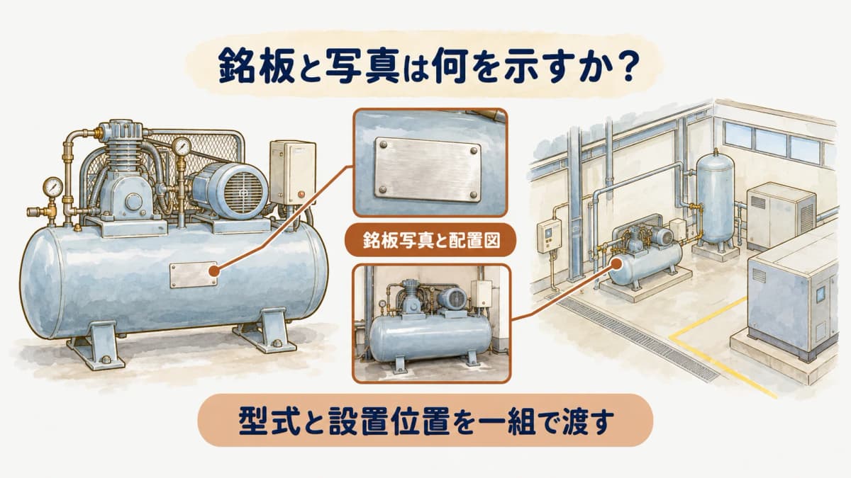 銘板写真と配置図で対象設備を照合するための資料