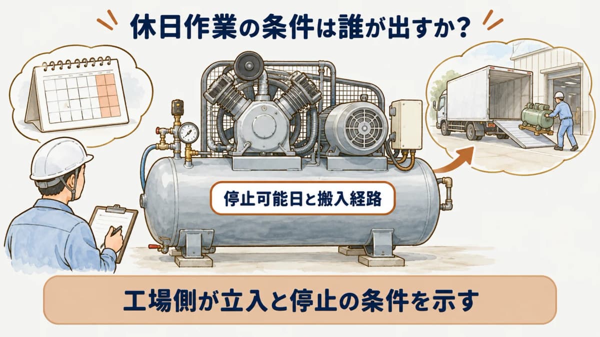 停止可能日と搬入経路を工場側が提示する作業条件
