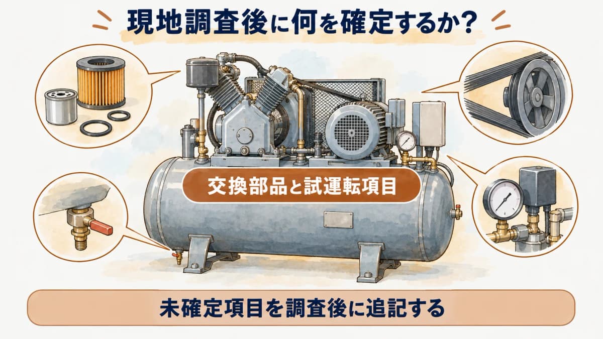 現地調査後に確定する交換部品と試運転項目の記録欄